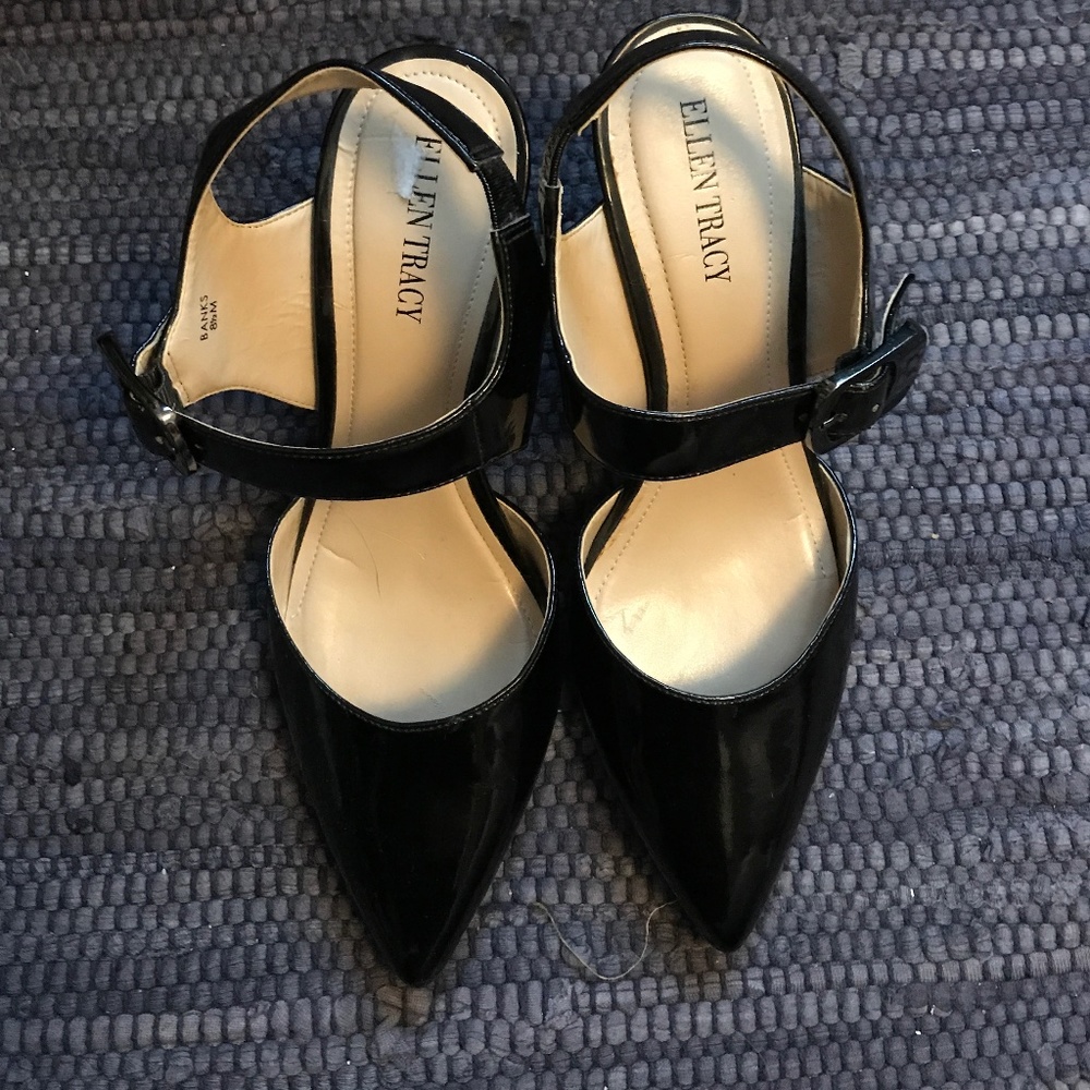 Ellen Tracy Black Patent Leather Ankle Strap Pumps